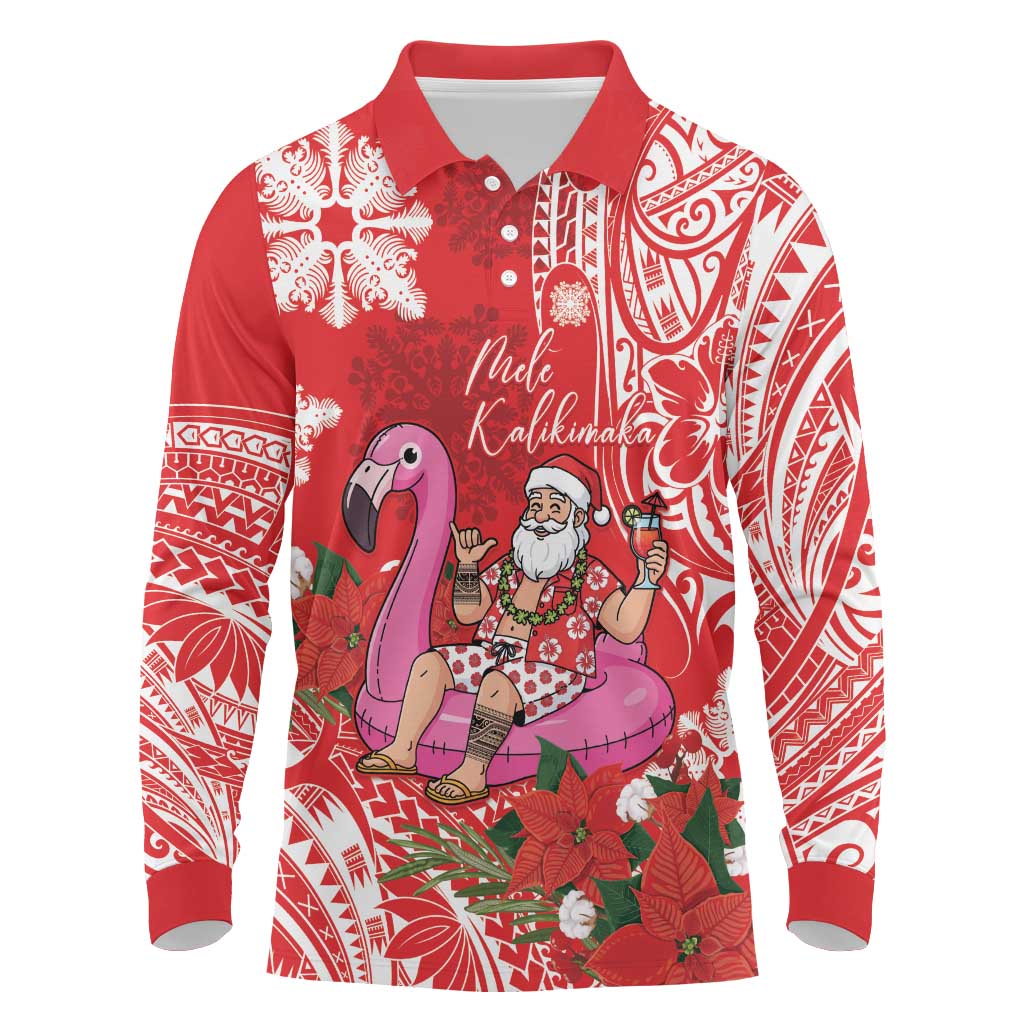 Personalized Hawaii Christmas Long Sleeve Polo Shirt Mele Kalikimaka Chilling Shaka Santa Flamingo LT14 Red - Polynesian Pride