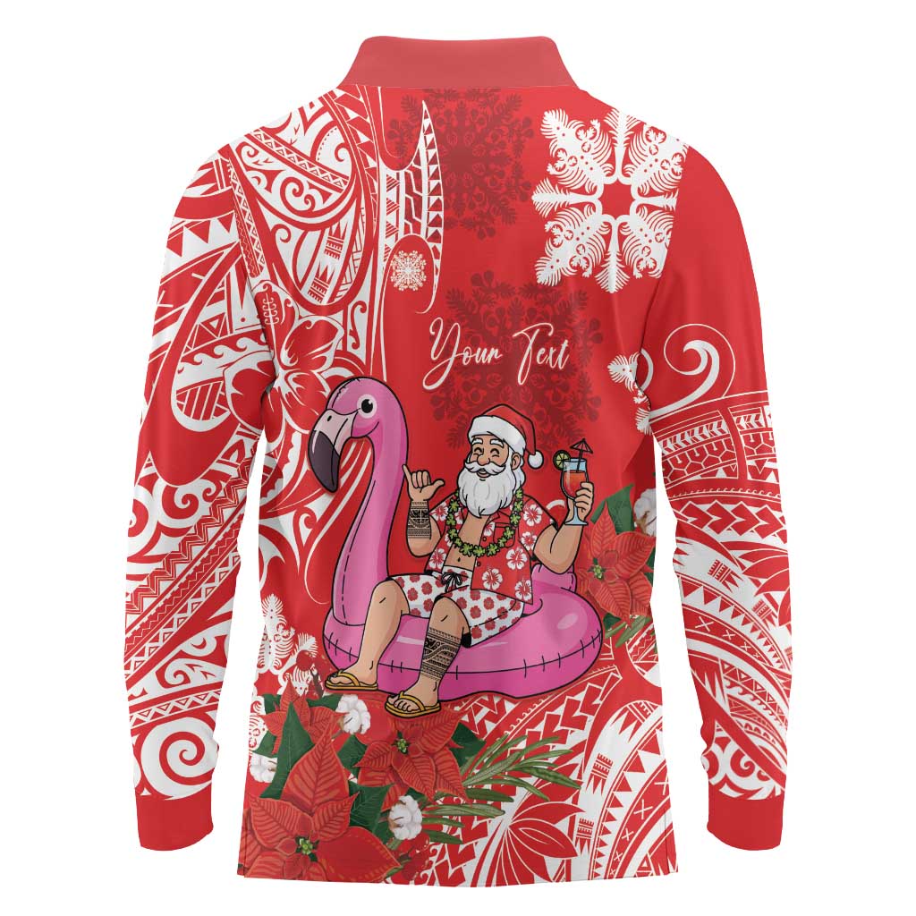 Personalized Hawaii Christmas Long Sleeve Polo Shirt Mele Kalikimaka Chilling Shaka Santa Flamingo LT14 - Polynesian Pride