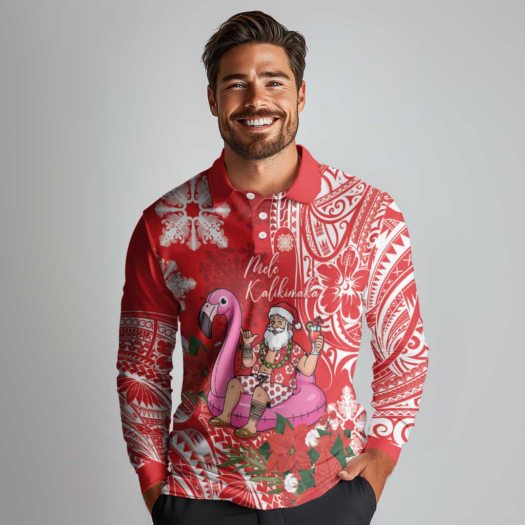 Personalized Hawaii Christmas Long Sleeve Polo Shirt Mele Kalikimaka Chilling Shaka Santa Flamingo LT14 - Polynesian Pride