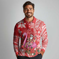Personalized Hawaii Christmas Long Sleeve Polo Shirt Mele Kalikimaka Chilling Shaka Santa Flamingo LT14 - Polynesian Pride