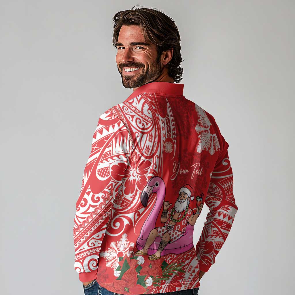 Personalized Hawaii Christmas Long Sleeve Polo Shirt Mele Kalikimaka Chilling Shaka Santa Flamingo LT14 - Polynesian Pride