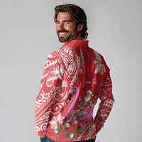Personalized Hawaii Christmas Long Sleeve Polo Shirt Mele Kalikimaka Chilling Shaka Santa Flamingo LT14 - Polynesian Pride