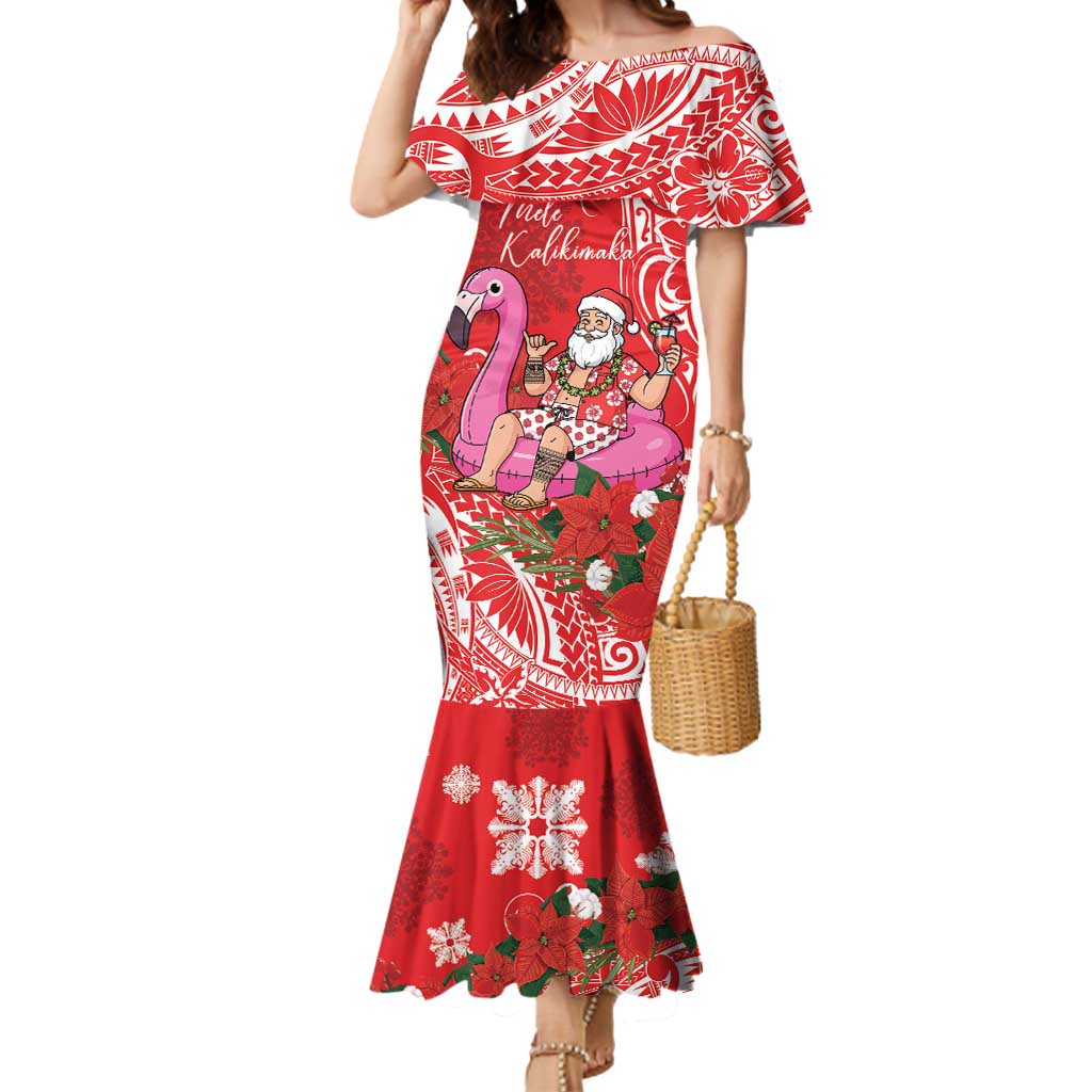Personalized Hawaii Christmas Mermaid Dress Mele Kalikimaka Chilling Shaka Santa Flamingo LT14 Women Red - Polynesian Pride