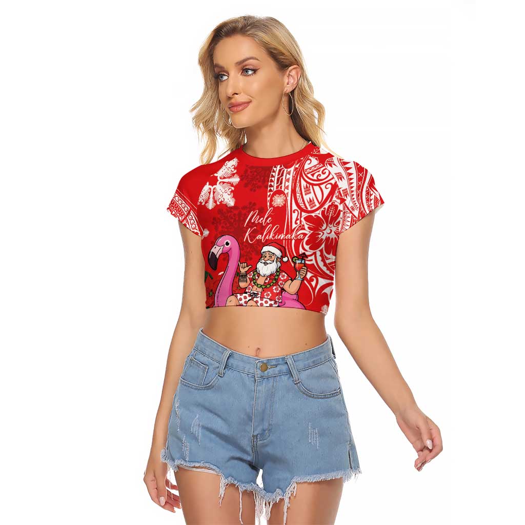 Personalized Hawaii Christmas Raglan Cropped T Shirt Mele Kalikimaka Chilling Shaka Santa Flamingo LT14 Female Red - Polynesian Pride