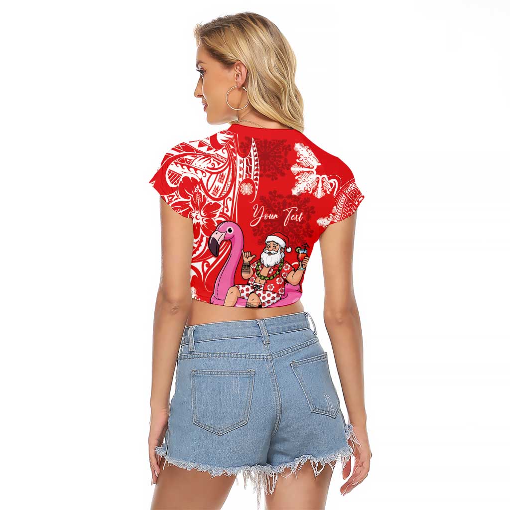 Personalized Hawaii Christmas Raglan Cropped T Shirt Mele Kalikimaka Chilling Shaka Santa Flamingo LT14 - Polynesian Pride