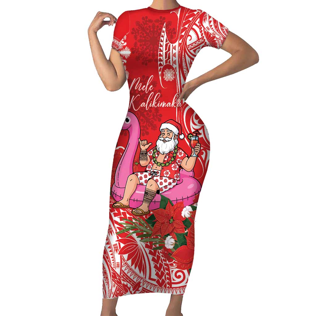 Personalized Hawaii Christmas Short Sleeve Bodycon Dress Mele Kalikimaka Chilling Shaka Santa Flamingo LT14 Long Dress Red - Polynesian Pride