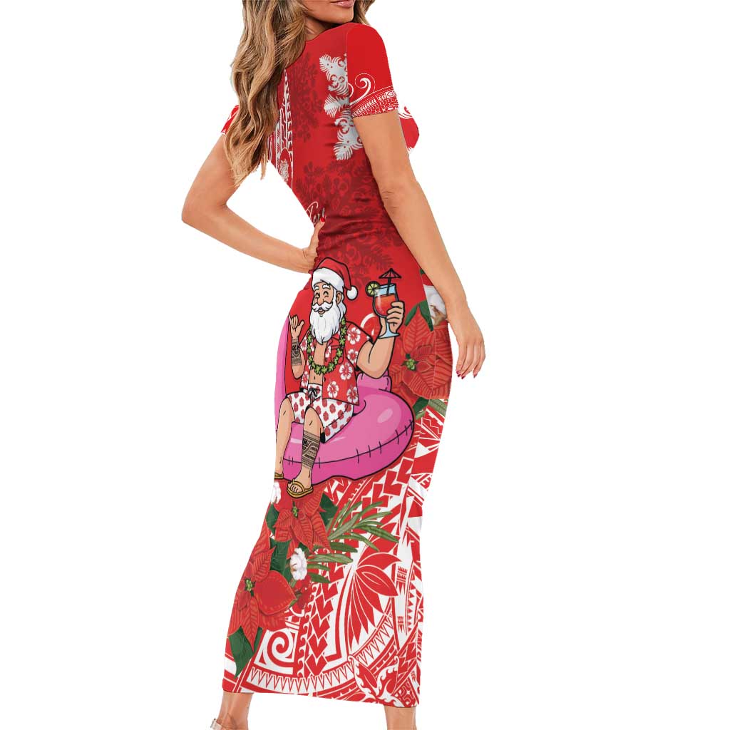 Personalized Hawaii Christmas Short Sleeve Bodycon Dress Mele Kalikimaka Chilling Shaka Santa Flamingo LT14 - Polynesian Pride