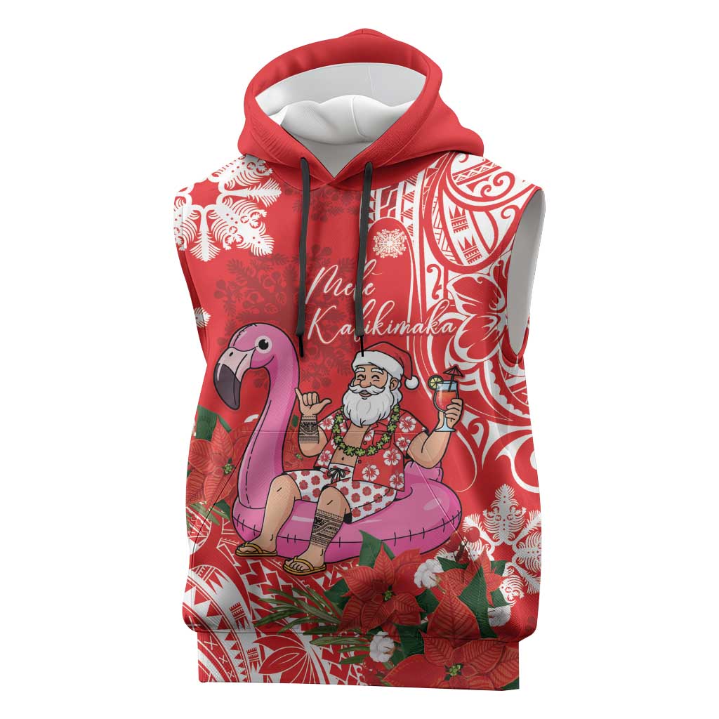 Personalized Hawaii Christmas Sleeveless Hoodie Mele Kalikimaka Chilling Shaka Santa Flamingo LT14 Red - Polynesian Pride