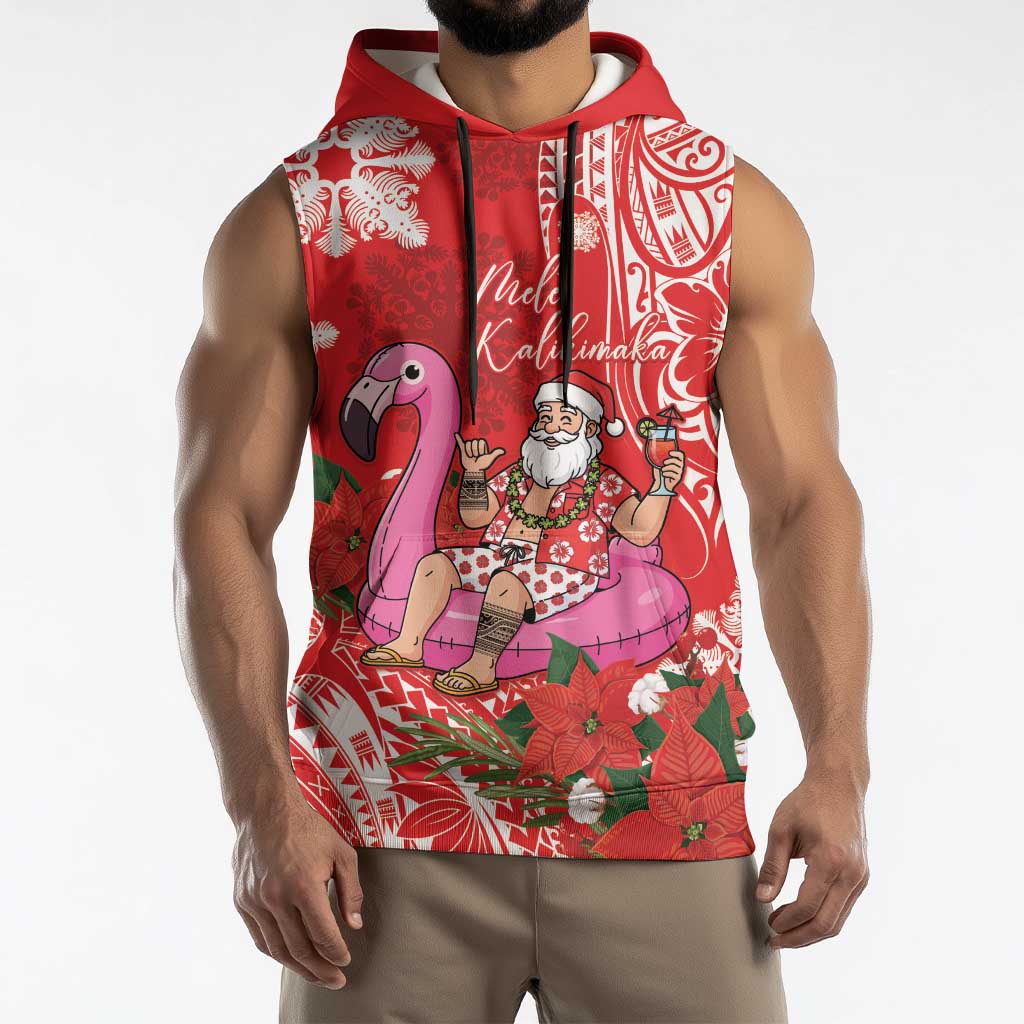 Personalized Hawaii Christmas Sleeveless Hoodie Mele Kalikimaka Chilling Shaka Santa Flamingo LT14 - Polynesian Pride