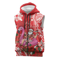 Personalized Hawaii Christmas Sleeveless Zip Hoodie Mele Kalikimaka Chilling Shaka Santa Flamingo LT14 Red - Polynesian Pride
