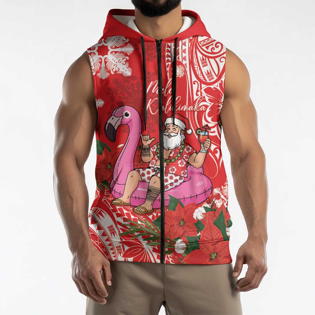 Personalized Hawaii Christmas Sleeveless Zip Hoodie Mele Kalikimaka Chilling Shaka Santa Flamingo LT14 - Polynesian Pride