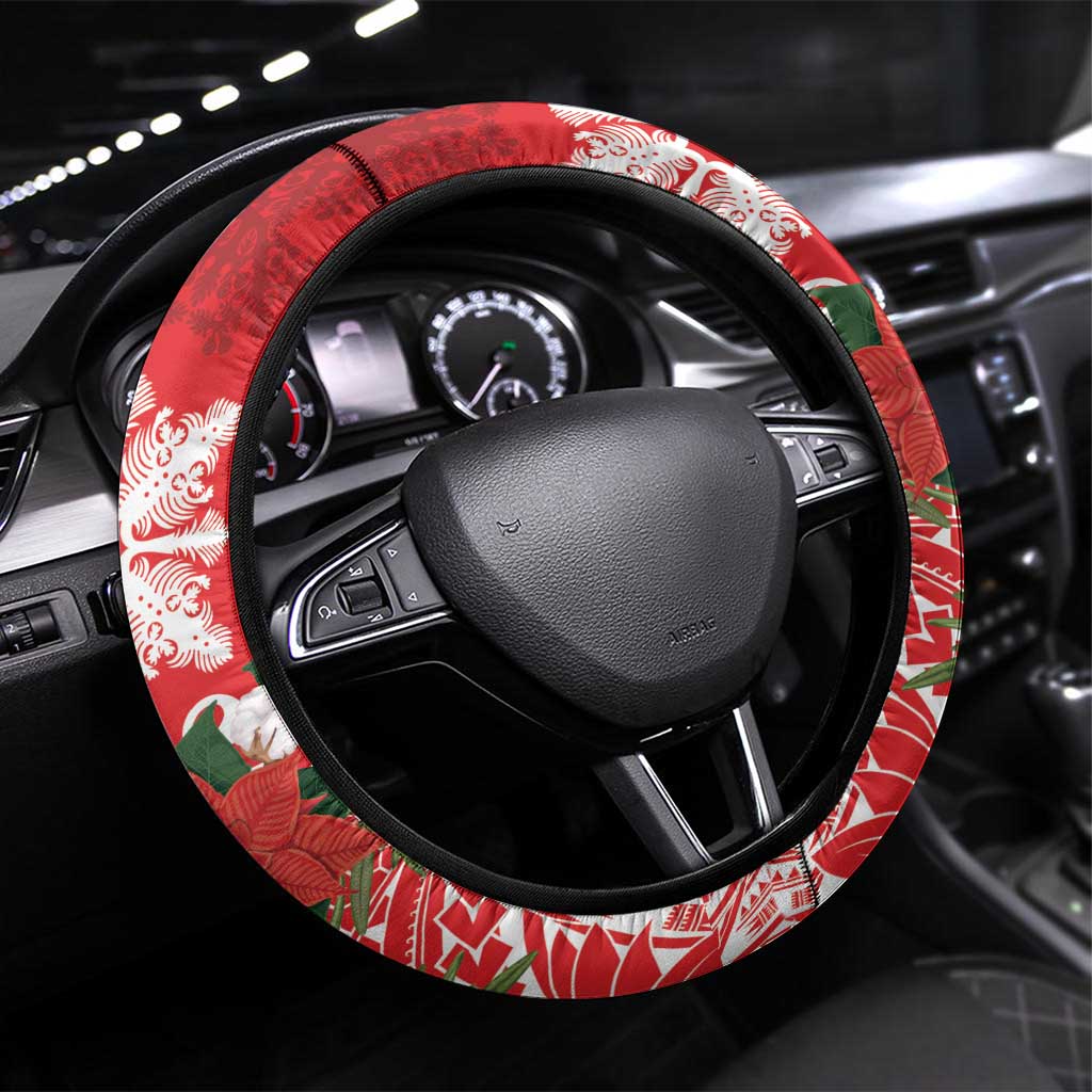 Hawaii Christmas Steering Wheel Cover Mele Kalikimaka Chilling Shaka Santa Flamingo LT14 Universal Fit Red - Polynesian Pride