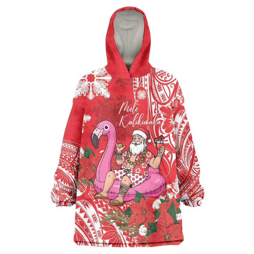 Personalized Hawaii Christmas Wearable Blanket Hoodie Mele Kalikimaka Chilling Shaka Santa Flamingo LT14 One Size Red - Polynesian Pride