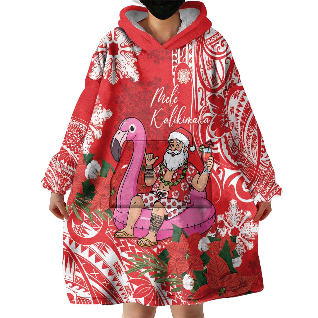 Personalized Hawaii Christmas Wearable Blanket Hoodie Mele Kalikimaka Chilling Shaka Santa Flamingo LT14 - Polynesian Pride