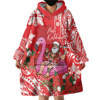 Personalized Hawaii Christmas Wearable Blanket Hoodie Mele Kalikimaka Chilling Shaka Santa Flamingo LT14 - Polynesian Pride