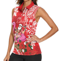 Personalized Hawaii Christmas Women Sleeveless Polo Shirt Mele Kalikimaka Chilling Shaka Santa Flamingo LT14 - Polynesian Pride