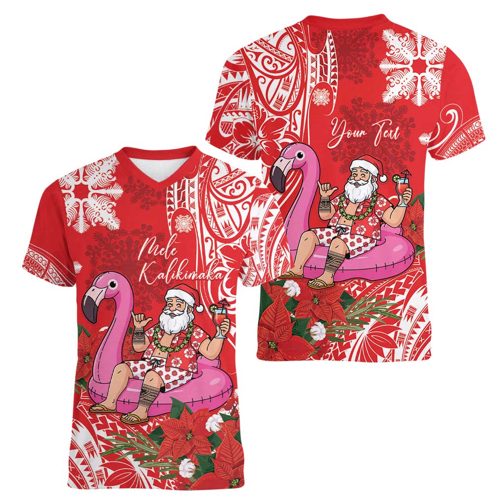 Personalized Hawaii Christmas Women V-Neck T-Shirt Mele Kalikimaka Chilling Shaka Santa Flamingo LT14 - Polynesian Pride