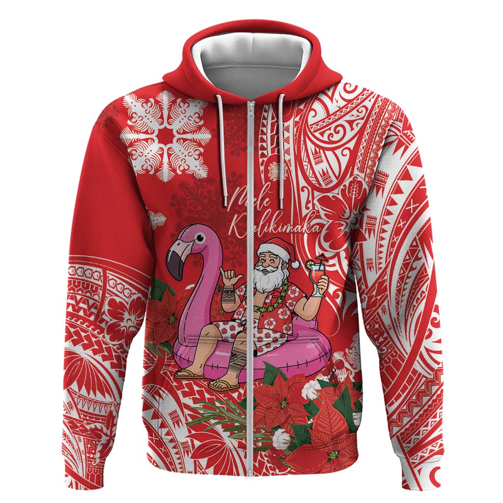 Personalized Hawaii Christmas Zip Hoodie Mele Kalikimaka Chilling Shaka Santa Flamingo LT14 Zip Hoodie Red - Polynesian Pride