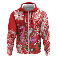 Personalized Hawaii Christmas Zip Hoodie Mele Kalikimaka Chilling Shaka Santa Flamingo LT14 Zip Hoodie Red - Polynesian Pride