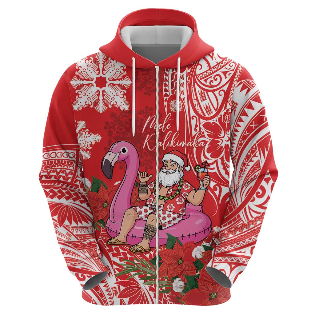 Personalized Hawaii Christmas Zip Hoodie Mele Kalikimaka Chilling Shaka Santa Flamingo LT14 - Polynesian Pride