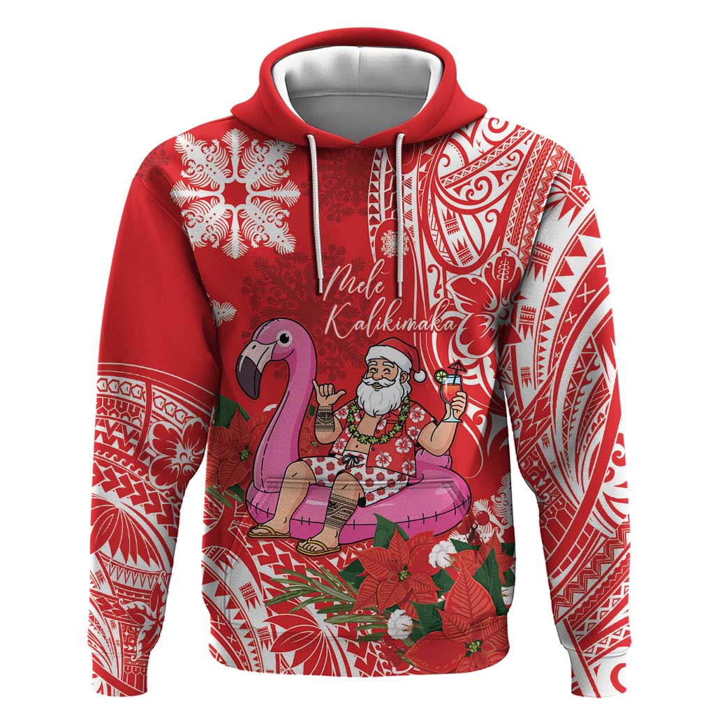 Personalized Hawaii Christmas Zip Hoodie Mele Kalikimaka Chilling Shaka Santa Flamingo LT14 Pullover Hoodie Red - Polynesian Pride