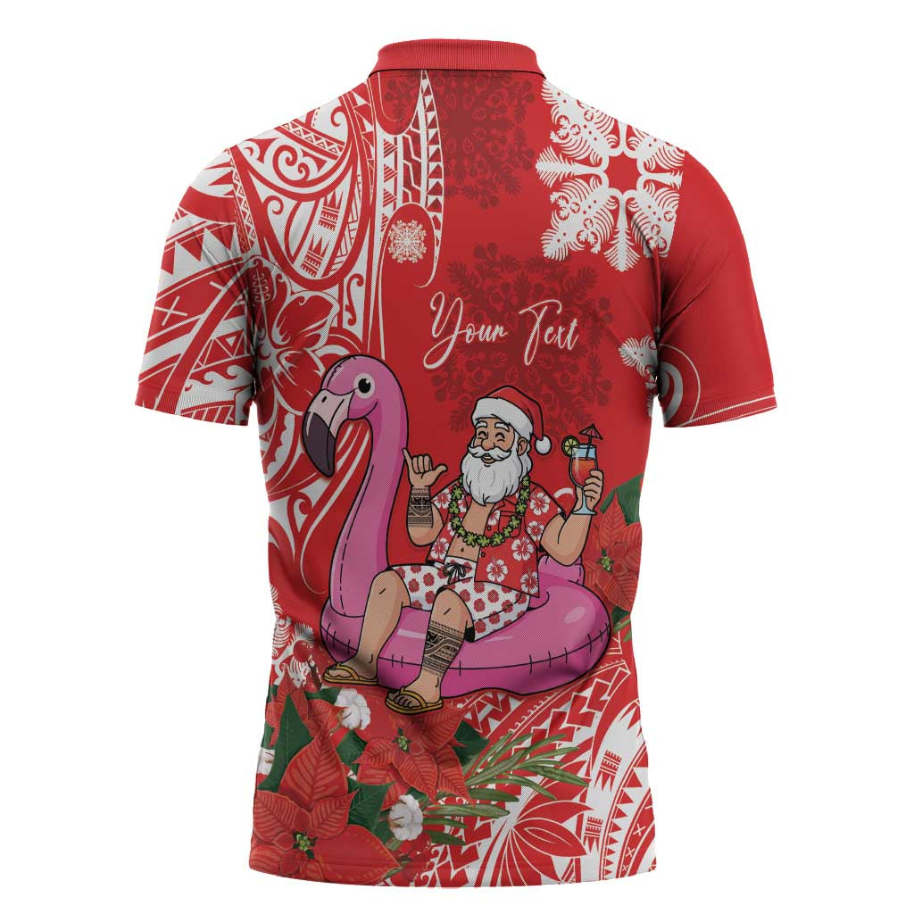 Personalized Hawaii Christmas Zipper Polo Shirt Mele Kalikimaka Chilling Shaka Santa Flamingo LT14 - Polynesian Pride