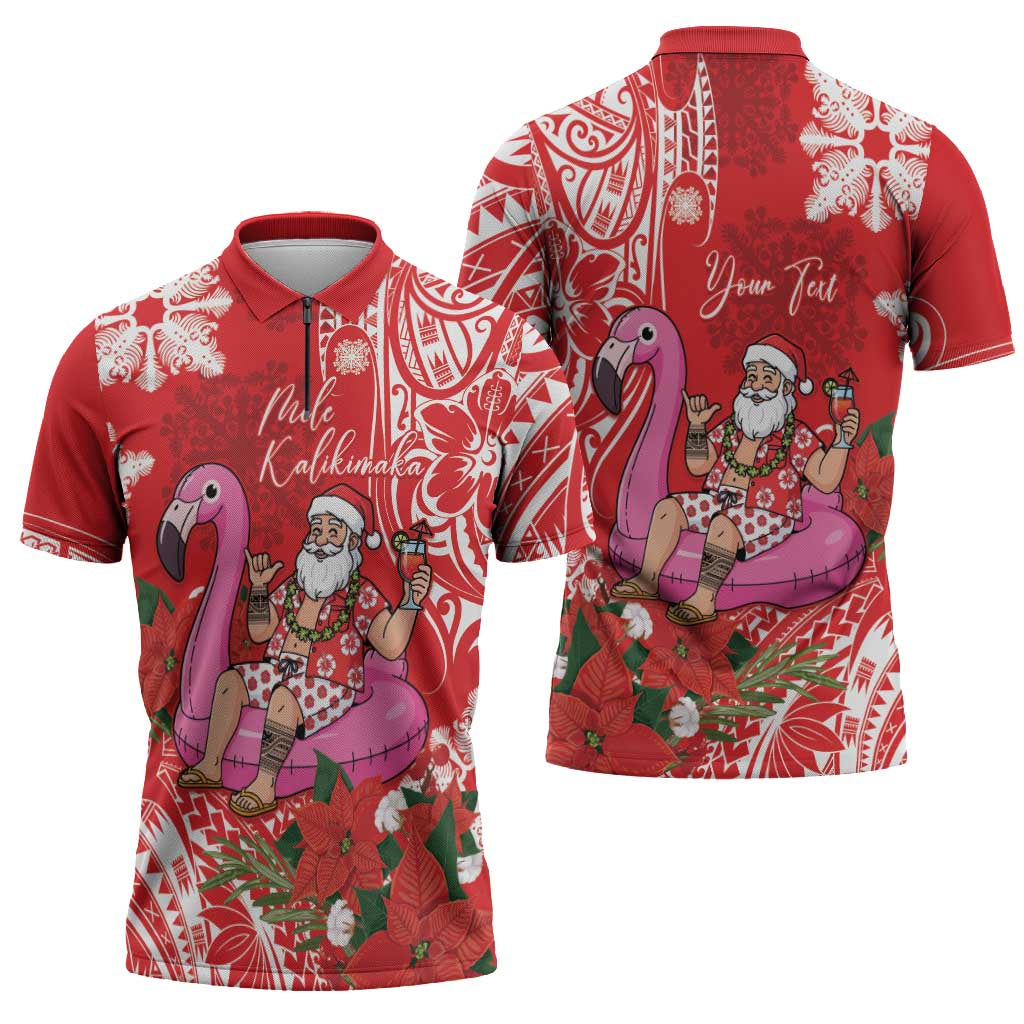 Personalized Hawaii Christmas Zipper Polo Shirt Mele Kalikimaka Chilling Shaka Santa Flamingo LT14 - Polynesian Pride