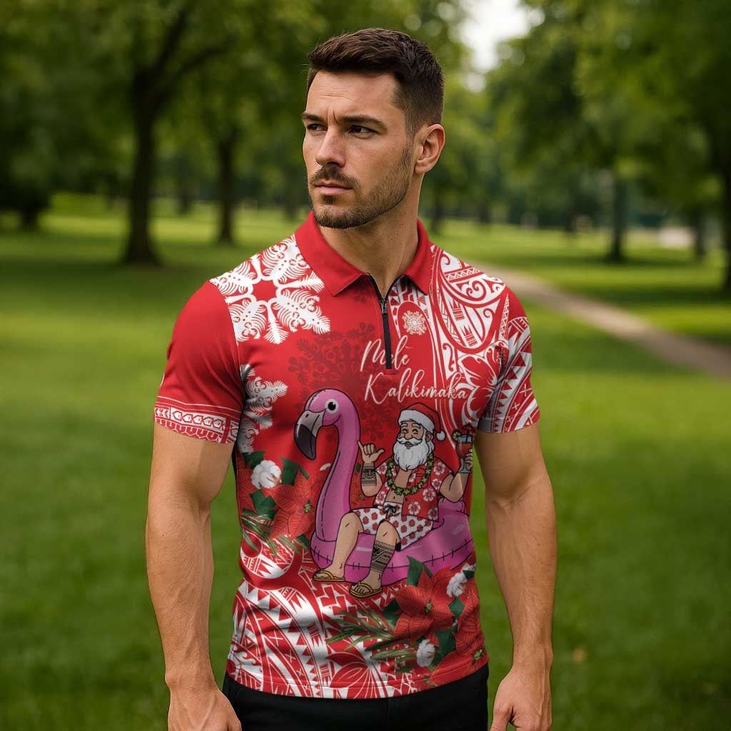 Personalized Hawaii Christmas Zipper Polo Shirt Mele Kalikimaka Chilling Shaka Santa Flamingo LT14 - Polynesian Pride
