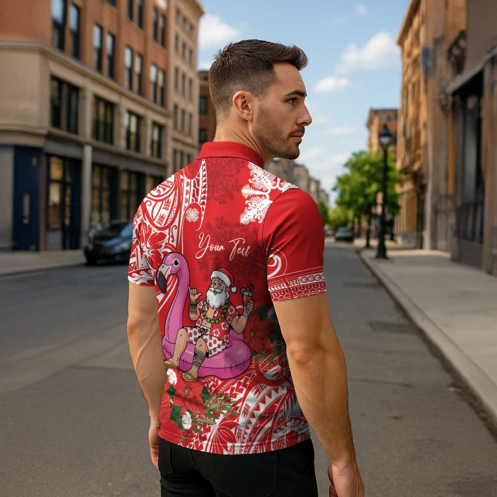 Personalized Hawaii Christmas Zipper Polo Shirt Mele Kalikimaka Chilling Shaka Santa Flamingo LT14 - Polynesian Pride