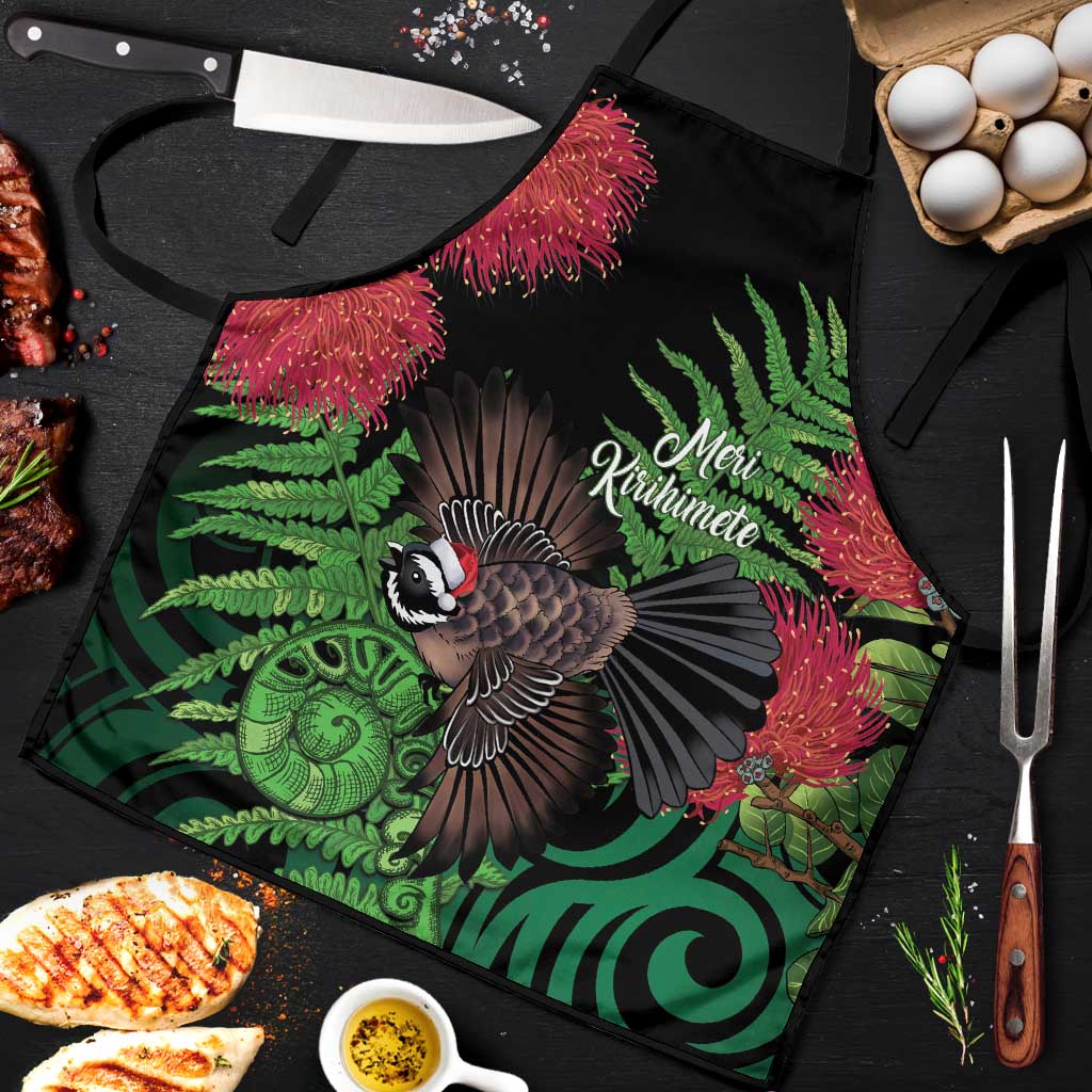 Meri Kirihimete New Zealand Apron Piwakawaka Koru Fern Mix Pohutukawa LT14 Black - Polynesian Pride