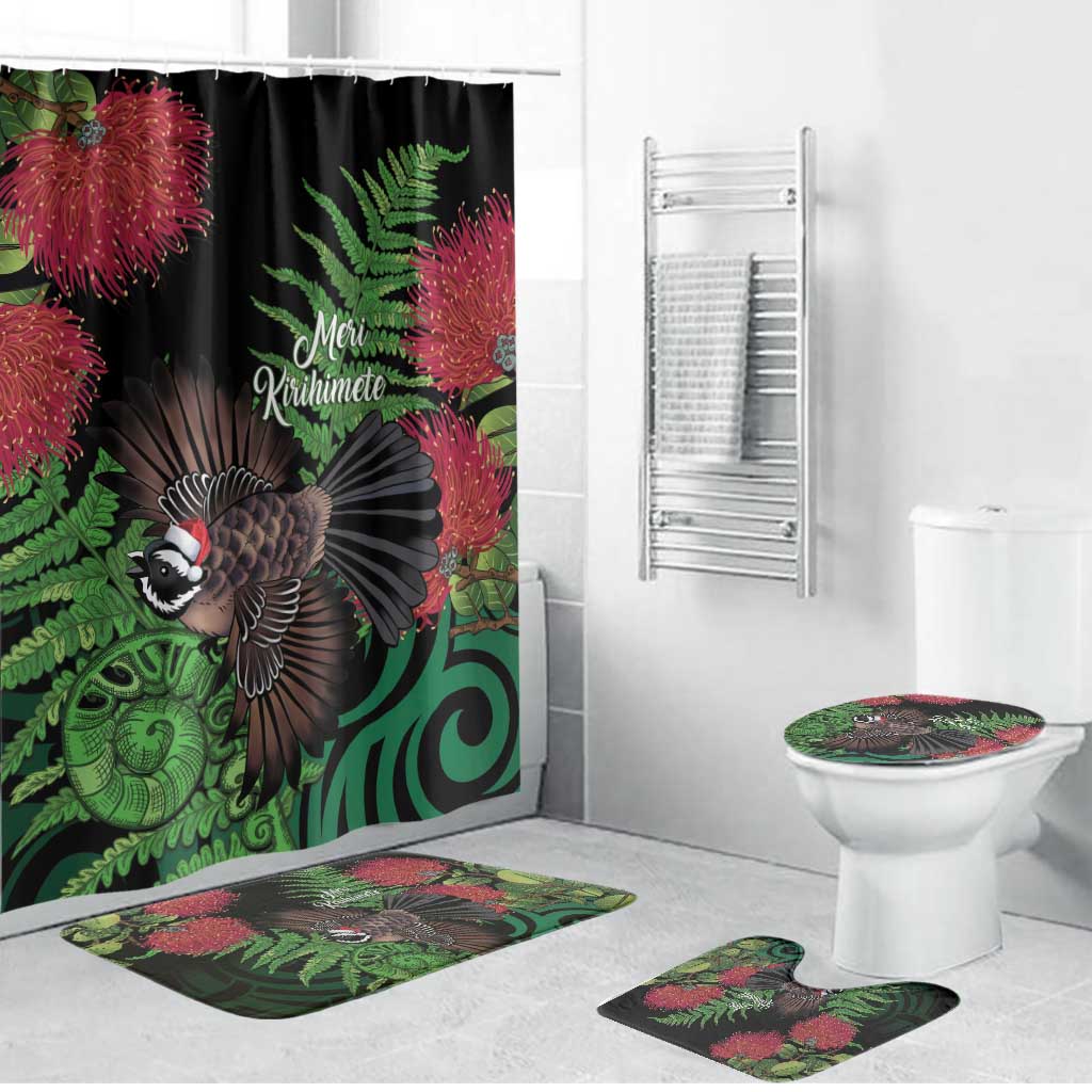 Meri Kirihimete New Zealand Bathroom Set Piwakawaka Koru Fern Mix Pohutukawa LT14 Bathroom Set (4 pcs) Black - Polynesian Pride