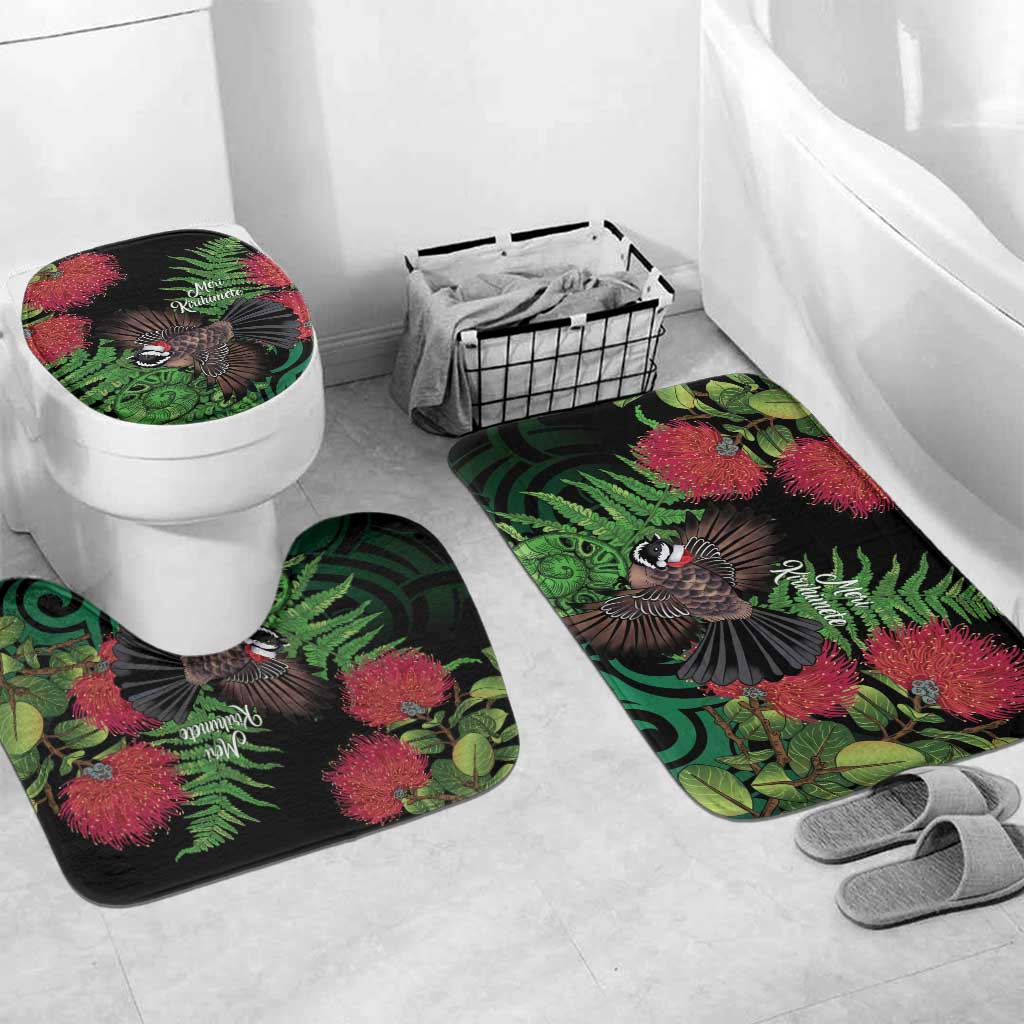 Meri Kirihimete New Zealand Bathroom Set Piwakawaka Koru Fern Mix Pohutukawa LT14 Mat Set Only (3 pcs) One Size Black - Polynesian Pride