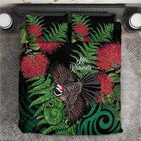 Meri Kirihimete New Zealand Bedding Set Piwakawaka Koru Fern Mix Pohutukawa LT14 Black - Polynesian Pride