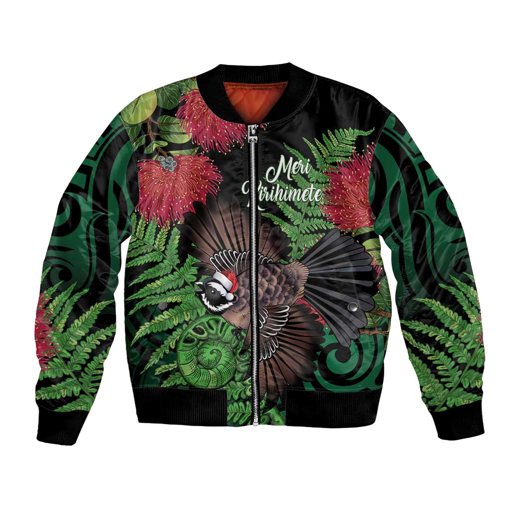 Meri Kirihimete New Zealand Bomber Jacket Piwakawaka Koru Fern Mix Pohutukawa LT14 Unisex Black - Polynesian Pride