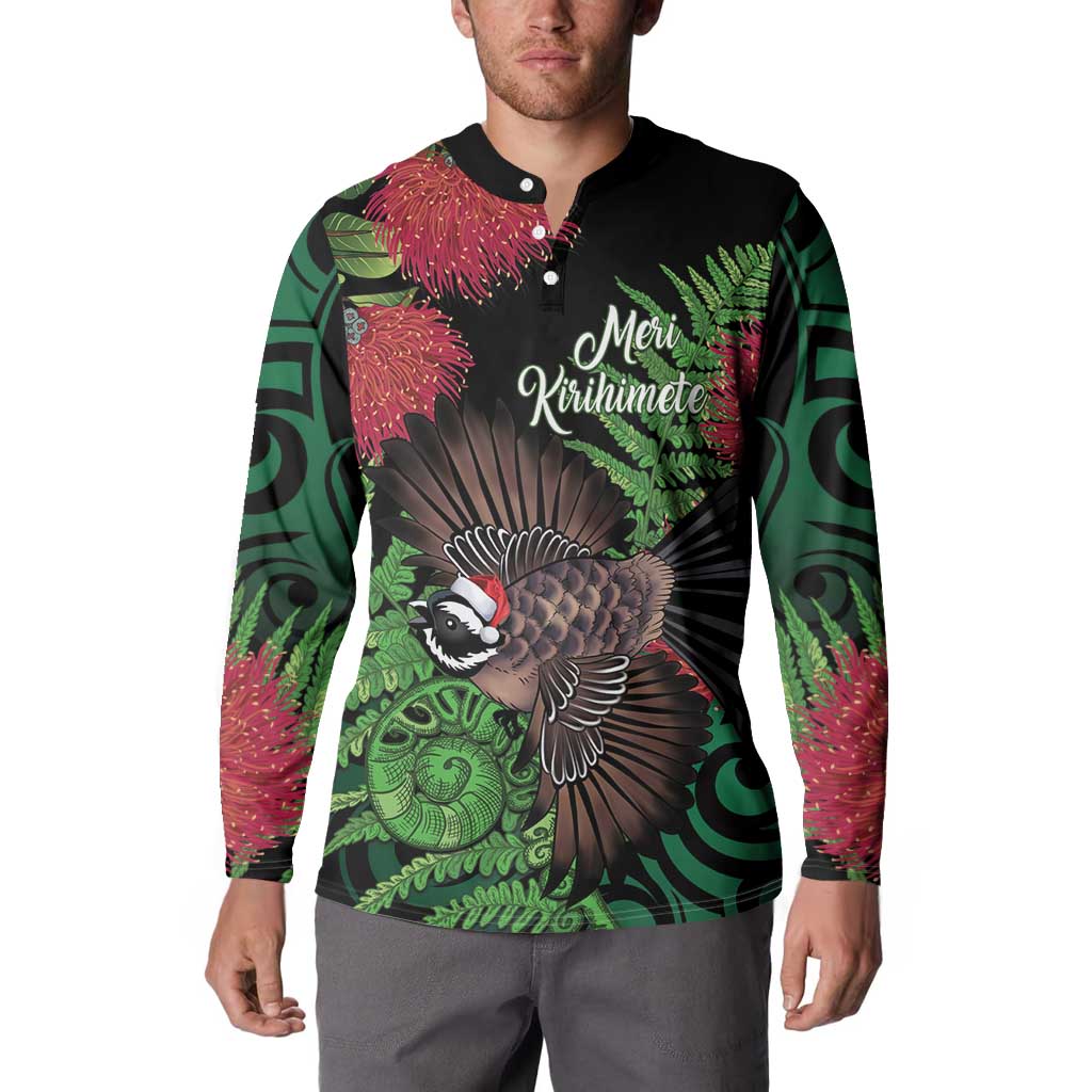 Meri Kirihimete New Zealand Button Sweatshirt Piwakawaka Koru Fern Mix Pohutukawa LT14 - Polynesian Pride