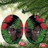 Meri Kirihimete New Zealand Ceramic Ornament Piwakawaka Koru Fern Mix Pohutukawa LT14 Oval Black - Polynesian Pride
