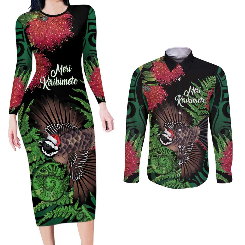 Meri Kirihimete New Zealand Couples Matching Long Sleeve Bodycon Dress and Long Sleeve Button Shirt Piwakawaka Koru Fern Mix Pohutukawa LT14 Black - Polynesian Pride