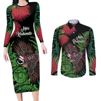 Meri Kirihimete New Zealand Couples Matching Long Sleeve Bodycon Dress and Long Sleeve Button Shirt Piwakawaka Koru Fern Mix Pohutukawa LT14 Black - Polynesian Pride