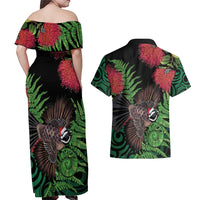 Meri Kirihimete New Zealand Couples Matching Off Shoulder Maxi Dress and Hawaiian Shirt Piwakawaka Koru Fern Mix Pohutukawa LT14 - Polynesian Pride