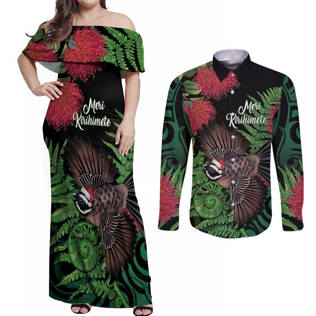 Meri Kirihimete New Zealand Couples Matching Off Shoulder Maxi Dress and Long Sleeve Button Shirt Piwakawaka Koru Fern Mix Pohutukawa LT14 Black - Polynesian Pride