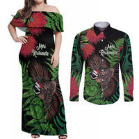 Meri Kirihimete New Zealand Couples Matching Off Shoulder Maxi Dress and Long Sleeve Button Shirt Piwakawaka Koru Fern Mix Pohutukawa LT14 Black - Polynesian Pride