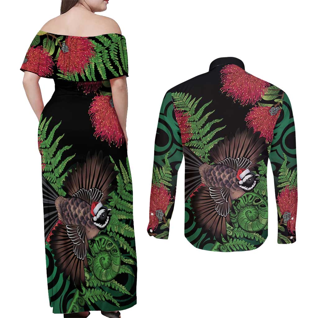 Meri Kirihimete New Zealand Couples Matching Off Shoulder Maxi Dress and Long Sleeve Button Shirt Piwakawaka Koru Fern Mix Pohutukawa LT14 - Polynesian Pride