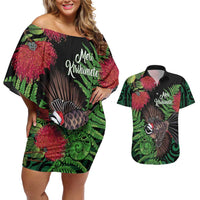Meri Kirihimete New Zealand Couples Matching Off Shoulder Short Dress and Hawaiian Shirt Piwakawaka Koru Fern Mix Pohutukawa LT14 Black - Polynesian Pride