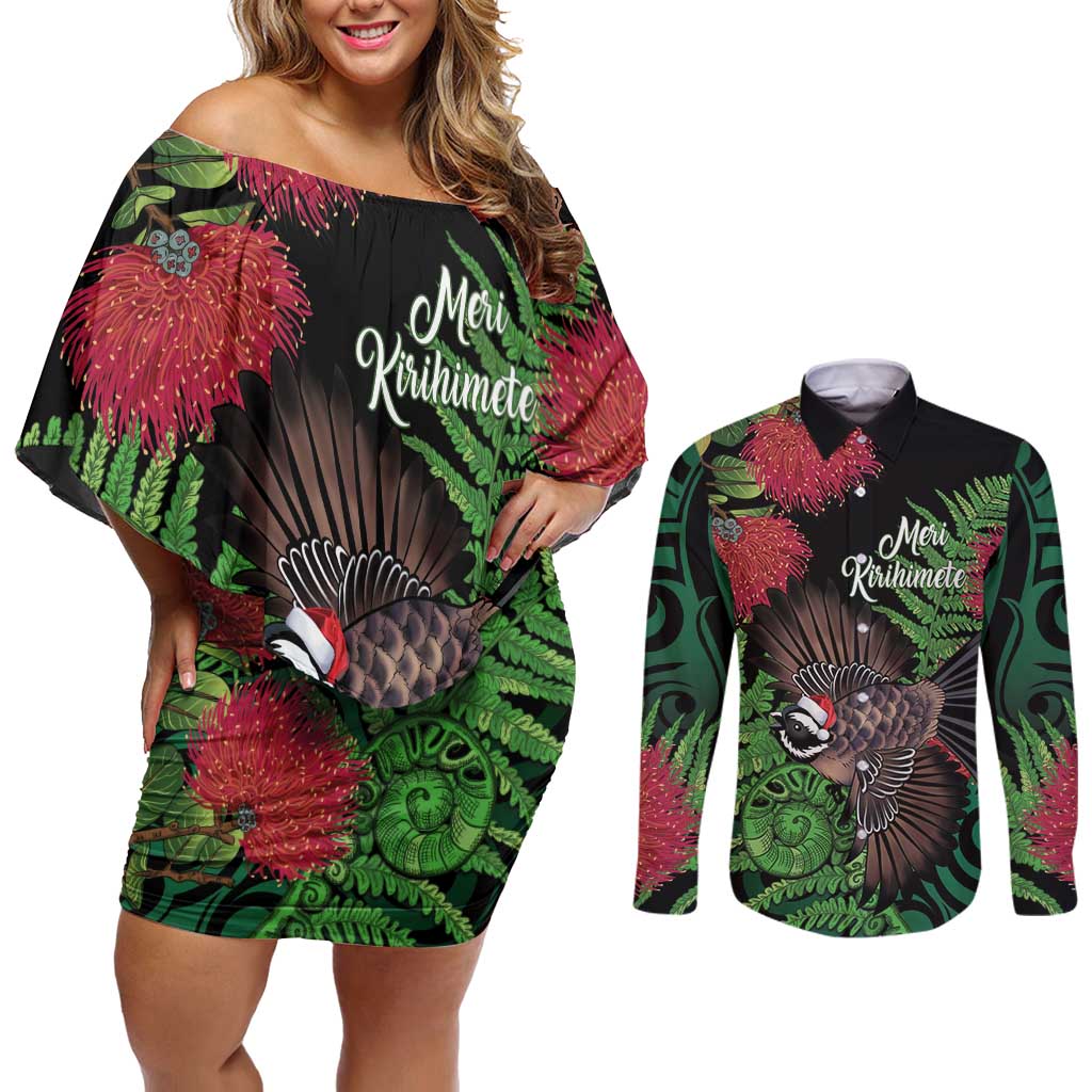 Meri Kirihimete New Zealand Couples Matching Off Shoulder Short Dress and Long Sleeve Button Shirt Piwakawaka Koru Fern Mix Pohutukawa LT14 Black - Polynesian Pride