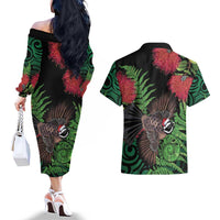 Meri Kirihimete New Zealand Couples Matching Off The Shoulder Long Sleeve Dress and Hawaiian Shirt Piwakawaka Koru Fern Mix Pohutukawa LT14 - Polynesian Pride