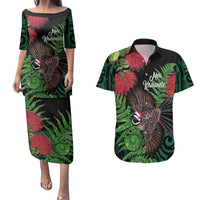 Meri Kirihimete New Zealand Couples Matching Puletasi and Hawaiian Shirt Piwakawaka Koru Fern Mix Pohutukawa LT14 Black - Polynesian Pride