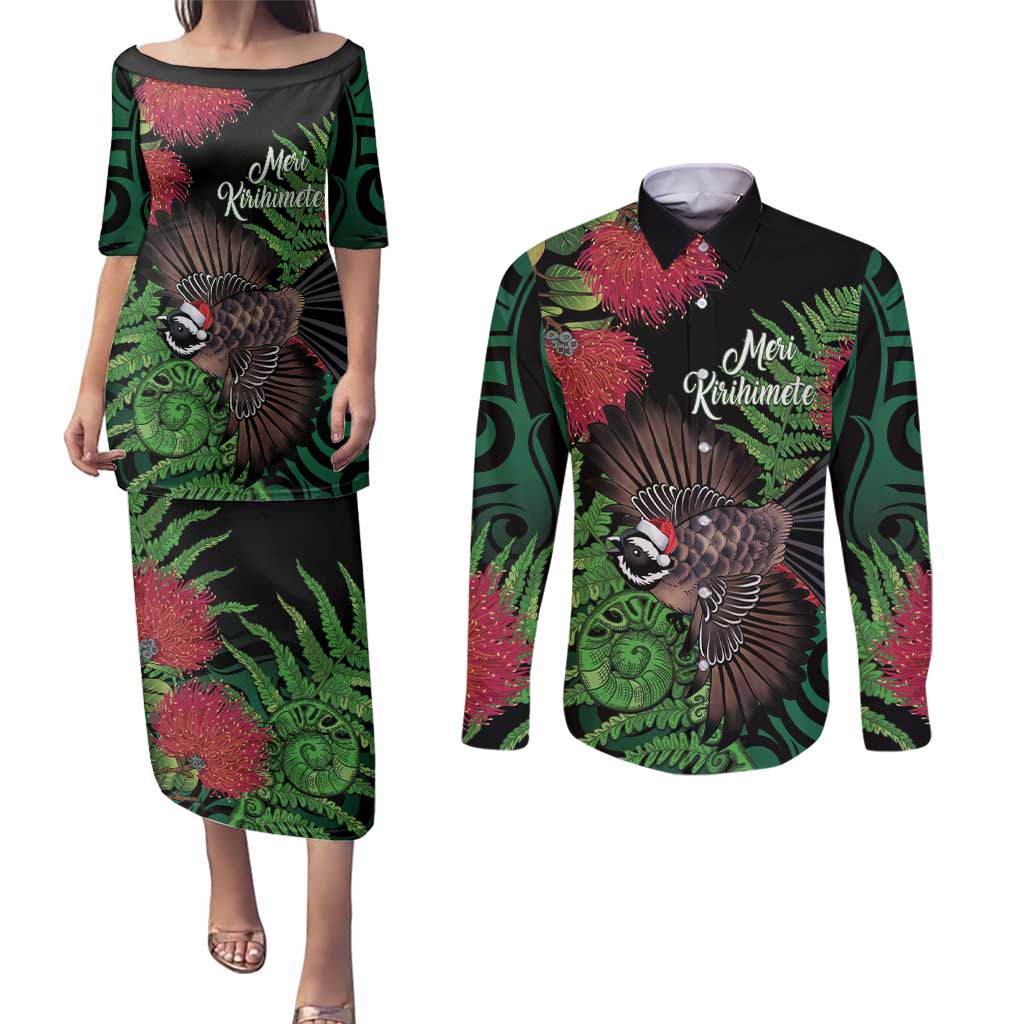 Meri Kirihimete New Zealand Couples Matching Puletasi and Long Sleeve Button Shirt Piwakawaka Koru Fern Mix Pohutukawa LT14 Black - Polynesian Pride