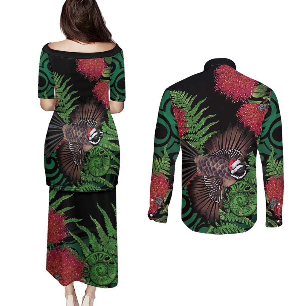 Meri Kirihimete New Zealand Couples Matching Puletasi and Long Sleeve Button Shirt Piwakawaka Koru Fern Mix Pohutukawa LT14 - Polynesian Pride