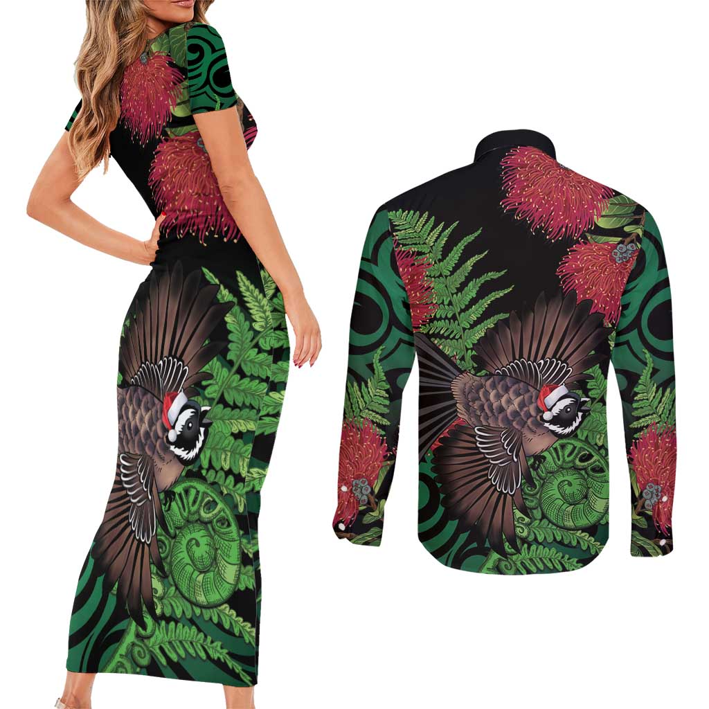 Meri Kirihimete New Zealand Couples Matching Short Sleeve Bodycon Dress and Long Sleeve Button Shirt Piwakawaka Koru Fern Mix Pohutukawa LT14 - Polynesian Pride