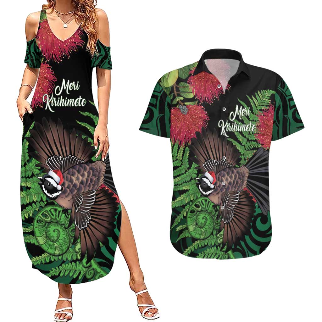 Meri Kirihimete New Zealand Couples Matching Summer Maxi Dress and Hawaiian Shirt Piwakawaka Koru Fern Mix Pohutukawa LT14 Black - Polynesian Pride